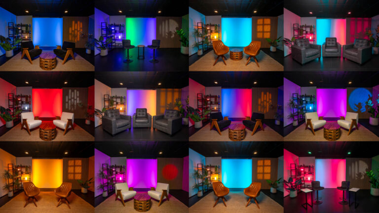 Collage of Sanctum Studio interior looks and production spaces in Roanoke TX