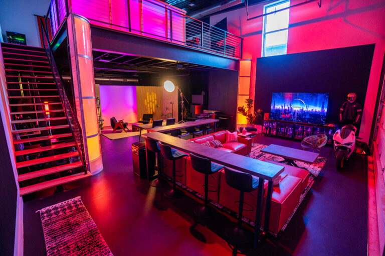 sanctum studio main floor red lighting mezzanine overview